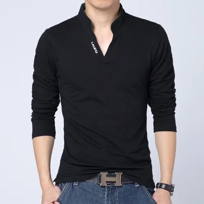 2021 T-Shirt Men Spring Cotton T Shirt Men Solid Color Tshirt Mandarin Collar Long Sleeve Top Men Brand Slim Fit Tee Shirts 5XL