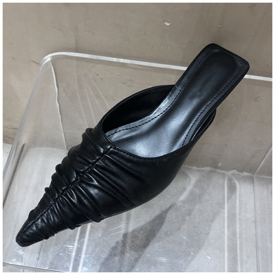 Fashion Brand Women Slipper Pointed Toe Slip on Mules Thin Low Heel Slides Shoes Pleated Design Sandal Flip Flops