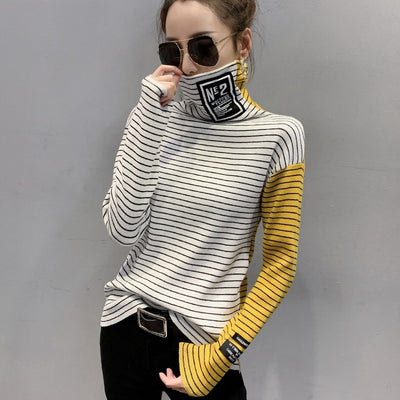 Spring Striped Knitted Sweater Women Turtleneck Knitted Tops Tight Spliced Color Elastic Sweaters Ladies Pullover