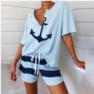 2Pcs Women Tracksuit Boat Anchor Print Shirt Shorts Set Spring Elegant V Neck Pullover Ladies Sportswear Suits Pocket style