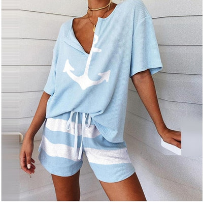 2Pcs Women Tracksuit Boat Anchor Print Shirt Shorts Set Spring Elegant V Neck Pullover Ladies Sportswear Suits Pocket style