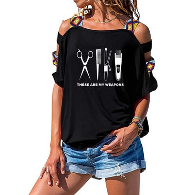 Summer Women Hairdresser T Shirt Printed Barber Weapons Woman Cotton Short Sleeve Scissors Girl Sexy Hollow Out Shoulder Tees