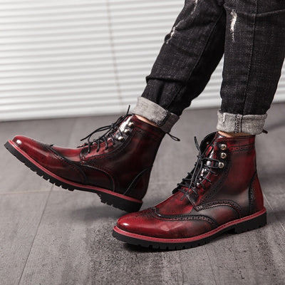 Men Boots Retro Personality Red Blue Comfy Lace-up Leather Fashion Shoes Man Durable Outsole Casual Boots Size