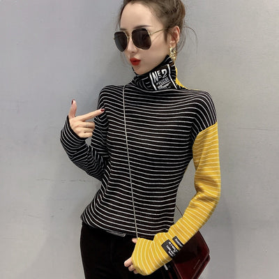 Spring Striped Knitted Sweater Women Turtleneck Knitted Tops Tight Spliced Color Elastic Sweaters Ladies Pullover