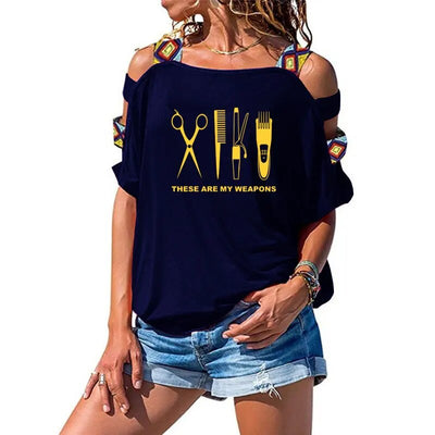 Summer Women Hairdresser T Shirt Printed Barber Weapons Woman Cotton Short Sleeve Scissors Girl Sexy Hollow Out Shoulder Tees