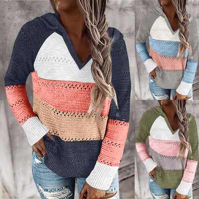 Autumn Women Patchwork Hooded Sweater Knitted Sweater Long Sleeve V-neck Casual Striped Pullover Jumpers 2020 New Female Hoodies