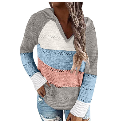 Autumn Women Patchwork Hooded Sweater Knitted Sweater Long Sleeve V-neck Casual Striped Pullover Jumpers 2020 New Female Hoodies