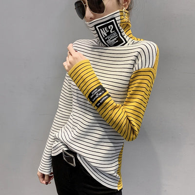 Spring Striped Knitted Sweater Women Turtleneck Knitted Tops Tight Spliced Color Elastic Sweaters Ladies Pullover