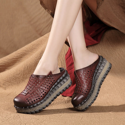 New Hollow Cowhide Retro Summer Leather Slippers Women Shoes High Heel Sandals 2022 Summer Women Sandals Platform Wedges Slippers