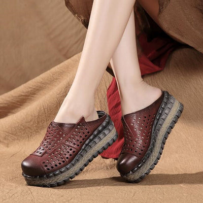 New Hollow Cowhide Retro Summer Leather Slippers Women Shoes High Heel Sandals 2022 Summer Women Sandals Platform Wedges Slippers