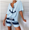 2Pcs Women Tracksuit Boat Anchor Print Shirt Shorts Set Spring Elegant V Neck Pullover Ladies Sportswear Suits Pocket style