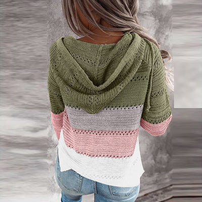 Autumn Women Patchwork Hooded Sweater Knitted Sweater Long Sleeve V-neck Casual Striped Pullover Jumpers 2020 New Female Hoodies