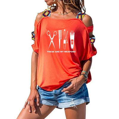 Summer Women Hairdresser T Shirt Printed Barber Weapons Woman Cotton Short Sleeve Scissors Girl Sexy Hollow Out Shoulder Tees