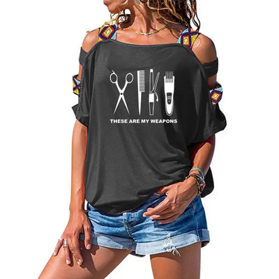 Summer Women Hairdresser T Shirt Printed Barber Weapons Woman Cotton Short Sleeve Scissors Girl Sexy Hollow Out Shoulder Tees