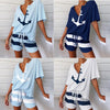 2Pcs Women Tracksuit Boat Anchor Print Shirt Shorts Set Spring Elegant V Neck Pullover Ladies Sportswear Suits Pocket style