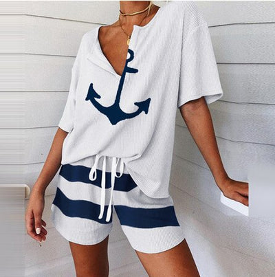 2Pcs Women Tracksuit Boat Anchor Print Shirt Shorts Set Spring Elegant V Neck Pullover Ladies Sportswear Suits Pocket style