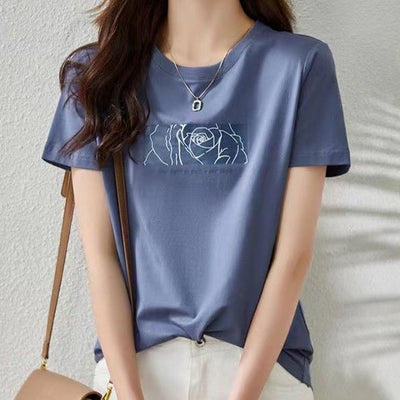 Patchwork Floral Short Sleeve Simplicity Thin T-Shirts Summer Round Neck Printing Solid Color Pullovers Women Clothing 2023