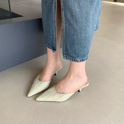 Pointed Toe Women Slippers Slides Thin Low Heels Summer Outside Slides Black Blue Green Fashion Dress Shoes Party Pumos 35-39