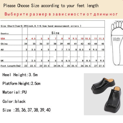 High Quality Square Closed Toe Slippers Women Leather Platform Wedge Heel Flat Sandals Mules Goth Punk Shoes Casual