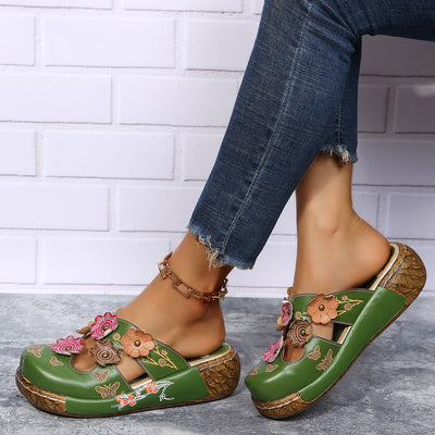 Ladies PU Leather Shoes Flower Slippers Handmade Slides Flip Flop on The Platform Clogs for Women Woman Slippers Plus Size