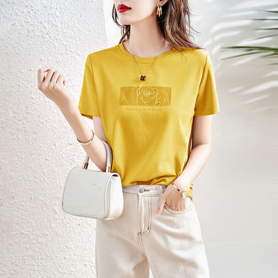 Patchwork Floral Short Sleeve Simplicity Thin T-Shirts Summer Round Neck Printing Solid Color Pullovers Women Clothing 2023