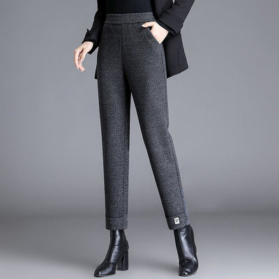 Autumn Winter Wool Thicken Fashion Women Pencil Pants Office Lady Elastic High Waist Solid Casual All-match Straight Trousers