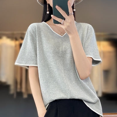 100% cotton T-shirt Women V-neck pullover short sleeve summer new casual knitting loose top fashion color contrast T-shirt