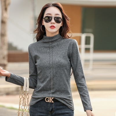 HI-FASHION Tee Shirt Femme Cotton Diamond Women Half Turtleneck Long Sleeve Tees Spring Tops Korean Style Clothes For Woman