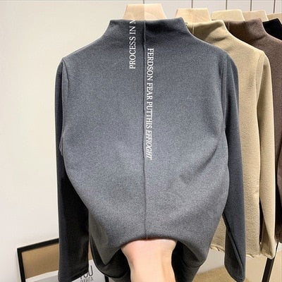 Kuzuwata Warm Bottoming Woman Tshirts New 2023 Autumn Half High Collar Tees Fashion German Velvet Long Sleeve T-shirt Women Top