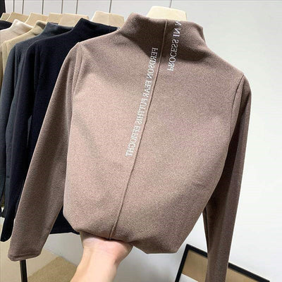 Kuzuwata Warm Bottoming Woman Tshirts New 2023 Autumn Half High Collar Tees Fashion German Velvet Long Sleeve T-shirt Women Top