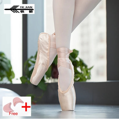 TIEJIAN Professional Ballet Pointe Shoes Canvas Satin Pink Black Red Ballerina Shoes For Dancing Performance With Ballet Toe Pad