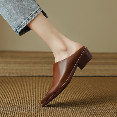 2023 New Ladies Genuine Leather Mules Fashion High Heel Chunky Heels Summer Slippers Women Casual Office Black Brown Shoes Woman