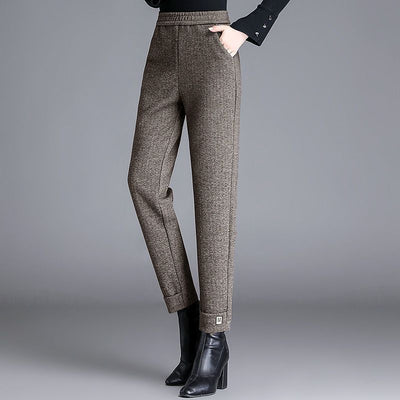 Autumn Winter Wool Thicken Fashion Women Pencil Pants Office Lady Elastic High Waist Solid Casual All-match Straight Trousers