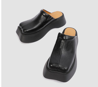 High Quality Square Closed Toe Slippers Women Leather Platform Wedge Heel Flat Sandals Mules Goth Punk Shoes Casual