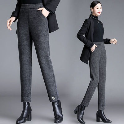 Autumn Winter Wool Thicken Fashion Women Pencil Pants Office Lady Elastic High Waist Solid Casual All-match Straight Trousers