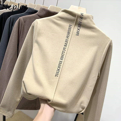 Kuzuwata Warm Bottoming Woman Tshirts New 2023 Autumn Half High Collar Tees Fashion German Velvet Long Sleeve T-shirt Women Top