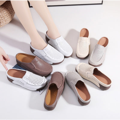 Genuine Leather Women Hollow Shoes Summer Platform Slippers Youth Girls Wedge Elevator Sandals Female Slip on Half pack Loafers