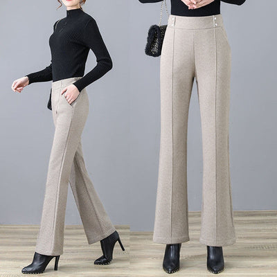 Elegant Korean Fashion Thicken Woolen Flare Pants for Women , New Autumn Winter Solid High Waist Slim Office Ladies Trousers