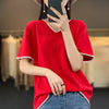 100% cotton T-shirt Women V-neck pullover short sleeve summer new casual knitting loose top fashion color contrast T-shirt