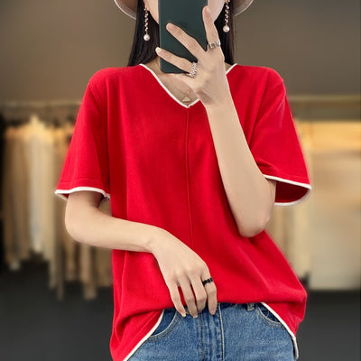 100% cotton T-shirt Women V-neck pullover short sleeve summer new casual knitting loose top fashion color contrast T-shirt