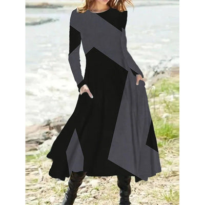 Ethnic Style Vintage Fashion Dress Women Autumn Winter Long Sleeve Pocket Elegant Long Skirt Casual O-Neck Print Irregular Dress