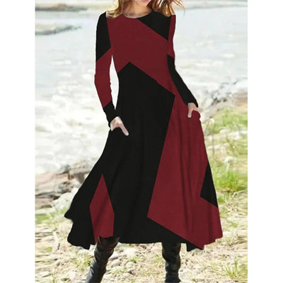 Ethnic Style Vintage Fashion Dress Women Autumn Winter Long Sleeve Pocket Elegant Long Skirt Casual O-Neck Print Irregular Dress