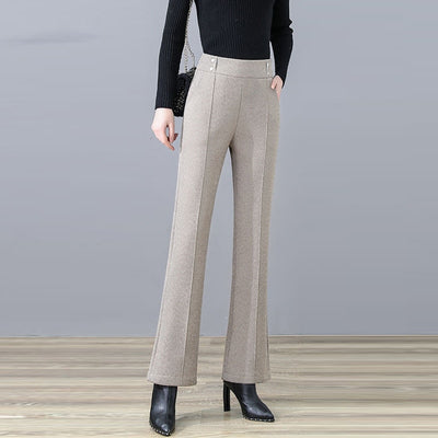 Elegant Korean Fashion Thicken Woolen Flare Pants for Women , New Autumn Winter Solid High Waist Slim Office Ladies Trousers