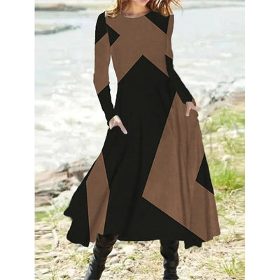 Ethnic Style Vintage Fashion Dress Women Autumn Winter Long Sleeve Pocket Elegant Long Skirt Casual O-Neck Print Irregular Dress