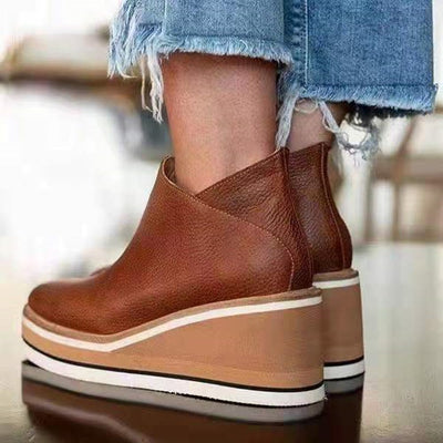 2023 Autumn Winter New Large Size Wedge Heel Ankle Boots Women Flat Side Zipper Shallow Mouth Nude Boots Women Shoes