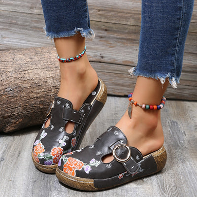 Women Leather Shoes Flower Slippers Handmade Slides Flip-Flops on Platform Clogs Women, Women Slippers