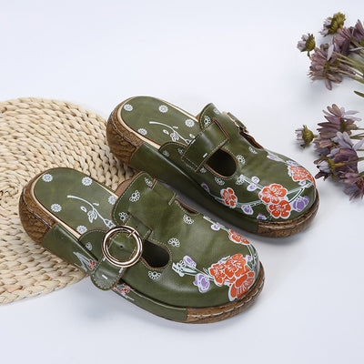 Women Leather Shoes Flower Slippers Handmade Slides Flip-Flops on Platform Clogs Women, Women Slippers