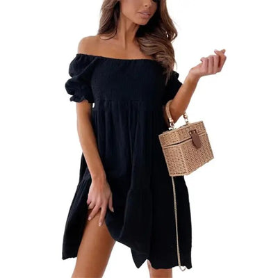 Women Sexy Backless Mini Dress Summer Fashion Lady Slash Neck White Puff Sleeve Big Swing Party Beach Dresses Casual Robe Femme