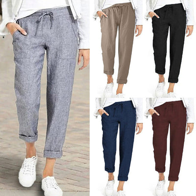 New Fashion Cotton Linen Harem Pants Women Summer Loose High Waist Elastic Ankle-length Pants Solid Pocket 5XL Lady Casual Pants