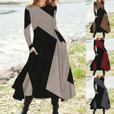 Ethnic Style Vintage Fashion Dress Women Autumn Winter Long Sleeve Pocket Elegant Long Skirt Casual O-Neck Print Irregular Dress